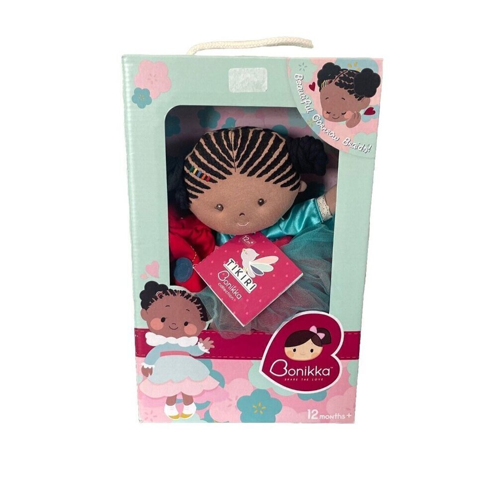 Tikiri Toys Kessie Fabric Baby Doll Dark Skin & Hair Braids 2 Dresses NWT